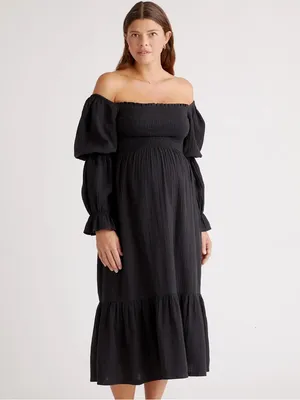 Quince 100% Organic Cotton Gauze Maternity Smocked Midi Dress Black Large thumbnail 2