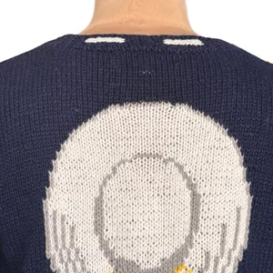 Vintage Eagles Eye Hat Motif Knit Cardigan Navy Yellow‎ Small Whimsical Cottage thumbnail 6