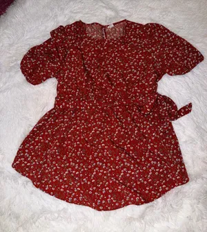 Red Floral Tie Waist Shirt Business Casual thumbnail 1
