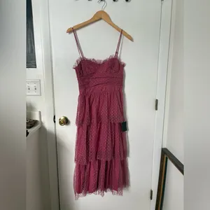 Lulus Sweetheart Style Mauve Polka Dot Bustier Tiered Midi Dress Size Small NWT thumbnail 4