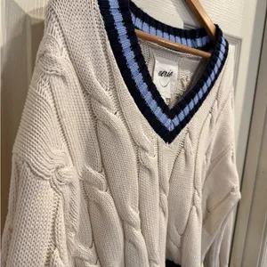 aerie Cream Cable-Knit V-Neck Sweater with Blue and Black Trim thumbnail 4