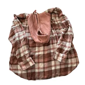 American Eagle women's size small pink and cream plaid flannel with hood thumbnail 2