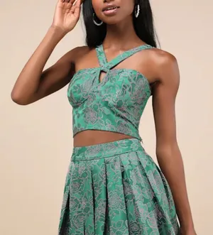 NEW Lulus Pink Green Floral Bustier Crop Blouse Top‎ Size M thumbnail 1