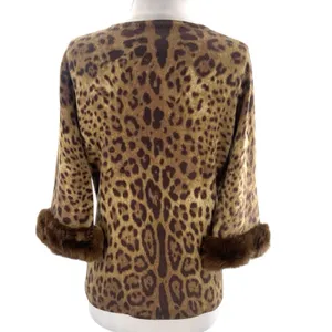 Neiman Marcus collection‎ cashmere fur trim leopard sweater sz L thumbnail 2
