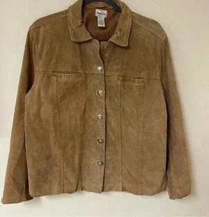 Chico's Womens Size 3 Suede 100% Leather Lined Tan Jacket With Metal Buttons thumbnail 1