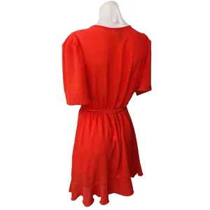 Aqua Women's Orange V-Neck Short Puff Sleeve Ruffle Belted Tie Mini Wrap Dress M thumbnail 2