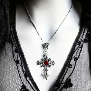 Ruby cross silver‎ tone pendant necklace faux fashion jewelry thumbnail 1