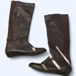 Antonio Melani Brown Real leather riding equestrian mid calf knee high boots heels wedges gold accents - Size 7.5M - #streetwear #whimsygoth #minimalist #western #preppy festival. thumbnail 1