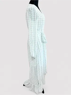 WAYF Blue White Gingham Wrap Ruffle Hi Low Midi Dress NWT M Cottagecore thumbnail 8