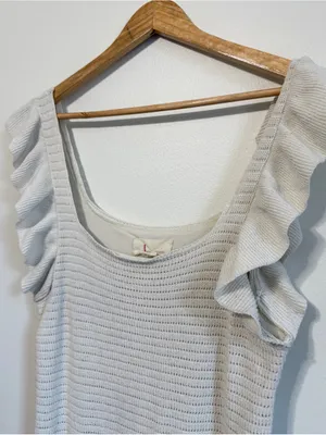 Anthropologie Ruffled Pointelle Mini Dress Size Medium Crochet Knit Ivory Fall thumbnail 5