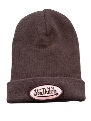 VON DUTCH Patcher Beanie Embroidered Pink Patch Velvet Brown One Size NEW thumbnail 3