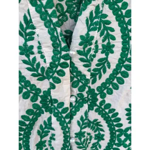 Sunday Up Green White Floral Embroidered Ruffle Neck Blouse Pearl Button Medium thumbnail 4