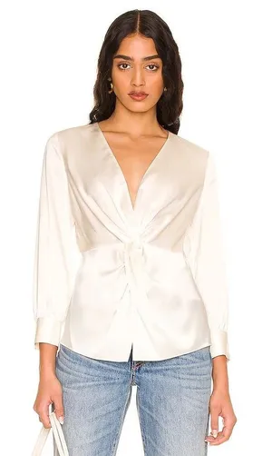 Theory Revolve Ivory Soft Satin LS Twist Blouse V-Neck‎ Long Sleeve Top Size 6 thumbnail 1