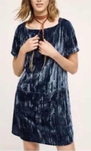 Floreat Anthropologie Women's Square Neck Short Sleeve Blue Velvet Shift Dress S thumbnail 1
