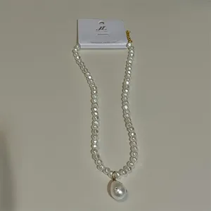 White Pearl Beaded Fashion Necklace with Teardrop Pendant thumbnail 5