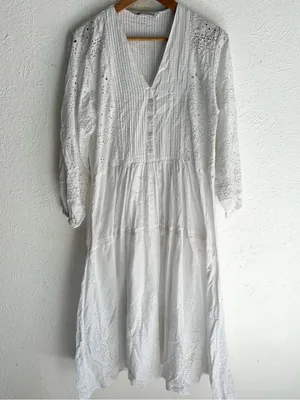 Zara White Eyelet Embroidered Boho Romantic Maxi Dress XS Cottagecore thumbnail 3