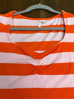 CATO Ribbed Striped Heart Neck Top Size L Pink Orange Puff Sleeve Stretch Knit thumbnail 6