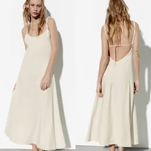 Zara Bloggers Fav Ecru Linen Blend Bohemian Open Back Cut Out Midi Dress‎ Sz L thumbnail 3