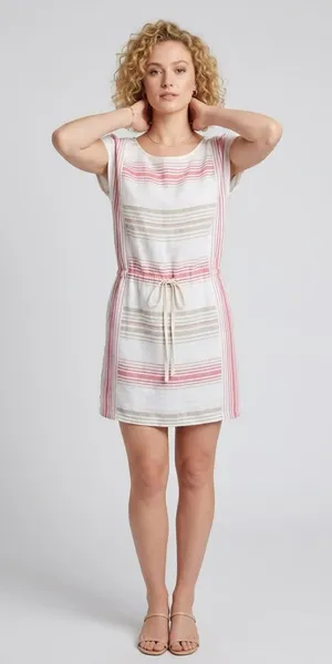 LOFT | White Striped 100% Linen Drawstring Waist Mini Dress Sz S thumbnail 1
