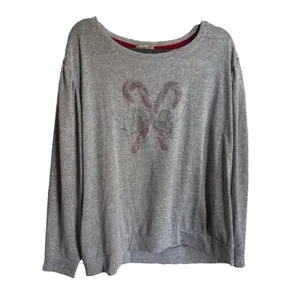 One World Womens Top XL Gray Beaded‎ Bling Candy Canes Bow Holiday Blouse thumbnail 2