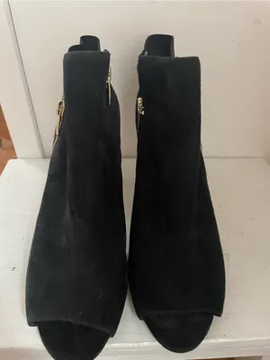 Marc Fisher Black Suede Peep-Toe Ankle Booties with Gold Zip thumbnail 3