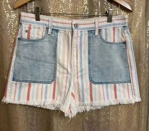 American Eagle Striped Patch White Blue Red Mom Shorts Cutoffs Size 10 thumbnail 1