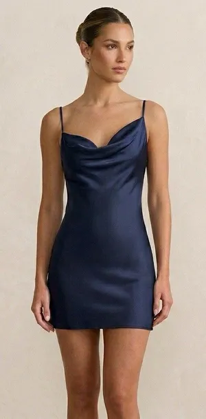 Abercrombie & Fitch Slip Dress Women’s Small Navy Satin Asymmetrical Neckline thumbnail 1