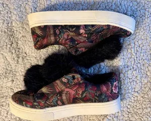 Sam Edelman Leya Faux-Fur Pom-Pom Slip-On Black Brocade Floral Platform Sneakers thumbnail 1