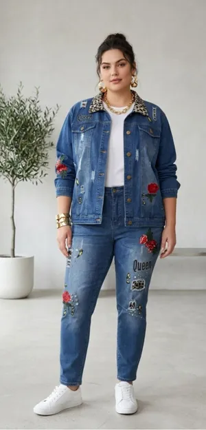 K Jordan 2pc Denim Set Plus Sz 3X Jacket 24W Jeans Leopard Rose Distressed Queen thumbnail 1
