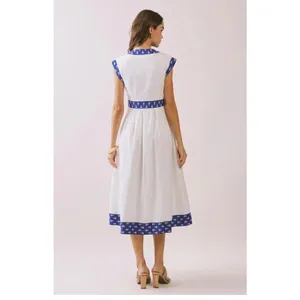 TCEC Womens White Blue Floral Block Print Trim V-Neck Zip Front Midi Dress L thumbnail 2
