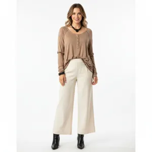 POL Tan Long Sleeve Casual Distressed Tee T Shirt L thumbnail 10