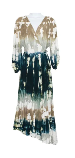 Young Fabulous Broke Dress Tie Dye Faux Wrap Maxi Balloon Sleeve Festival Boho L thumbnail 1