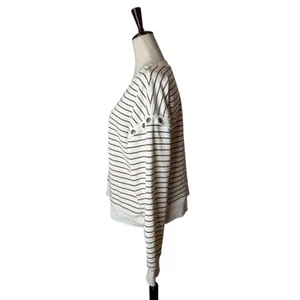 Evereve Striped Sweatshirt Women Medium Ivory Tan‎ Snap Detail Preppy Coastal thumbnail 3