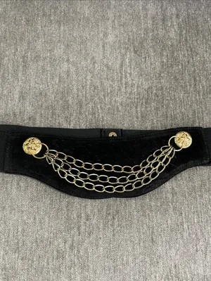 Vintage Circa Genuine Suede Leather Gold Chain Accent Black Elastic Waist Belt thumbnail 2
