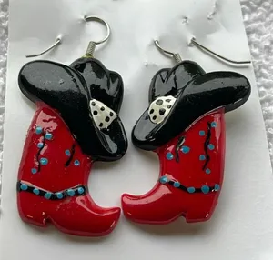 Cowboy boots hats dangle resin earrings hand painted. thumbnail 1