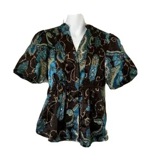 Allison Taylor 060101 Size small‎ women blouse shirt top Brown Blue short sleeve thumbnail 1