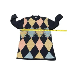 Vintage Women’s Koret Argyle Sweater‎ Floral Navy Pink Medium thumbnail 3