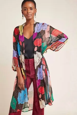 Anthropology Bl^nk London Bea Shimmer Duster Kimono Floral and Metallic Size S/M thumbnail 1