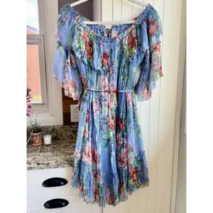 Zimmermann Winsome Sky Sunbleach Floral 100% Silk Ruffle Mini Dress Size 2 thumbnail 4