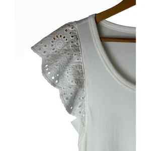 Gap Ribbed Baby Tee Women Small White NWT Eyelet Flutter Sleeve Boho Preppy thumbnail 6