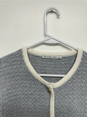 Abercrombie & Fitch Light Blue Textured Crewneck Cardigan with Cream Trim thumbnail 8