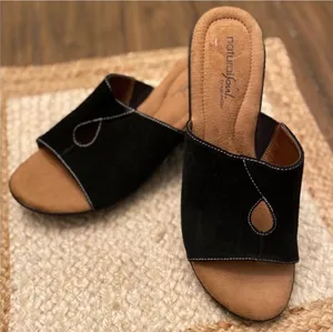 Naturalizer Women’s Natural Soul Black Hoover Suede Keyhole Slide Wedge Sandals Size 10 thumbnail 1