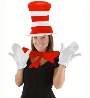 Cat In The Hat Costume Accessory Set Red White Adult Size Hat Gloves Bow tie thumbnail 1