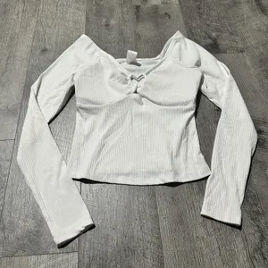 Women's Long Sleeve heart v neck padded shirt top white ribbed coquette small thumbnail 2