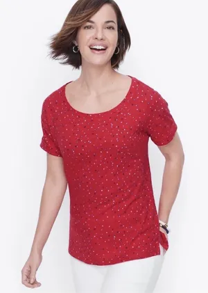 Talbots 100% Linen Cotton Blend Red Stars T Shirt XS Coastal Patriotic Beachy thumbnail 1