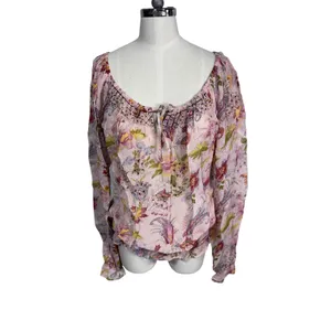 Vintage Revue Boho Floral Smocked Peasant‎ Blouse Pink Rayon Ruffle Hem XL thumbnail 7