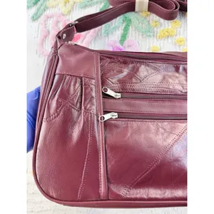 Burgundy Patchwork Leather Multi Pocket Crossbody Shoulder Bag Wine‎ Red thumbnail 3