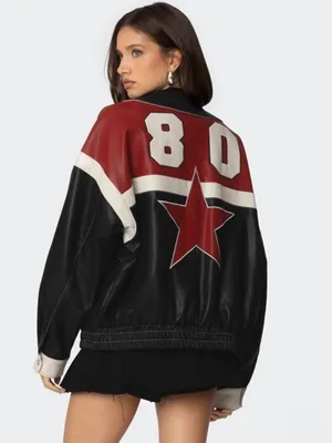 Edikted North Star Faux Leather Jacket Black Red Racing Biker Bomber M New thumbnail 3