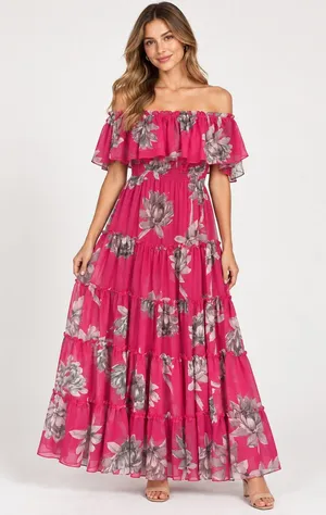MISA Los Angeles Pink Gray Floral Off Shoulder Tiered Maxi Dress S thumbnail 1