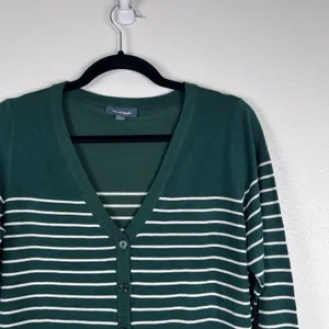 ModCloth Womens Striped Cardigan Knit Sweater Dark Green White V-Neck‎ Large thumbnail 3